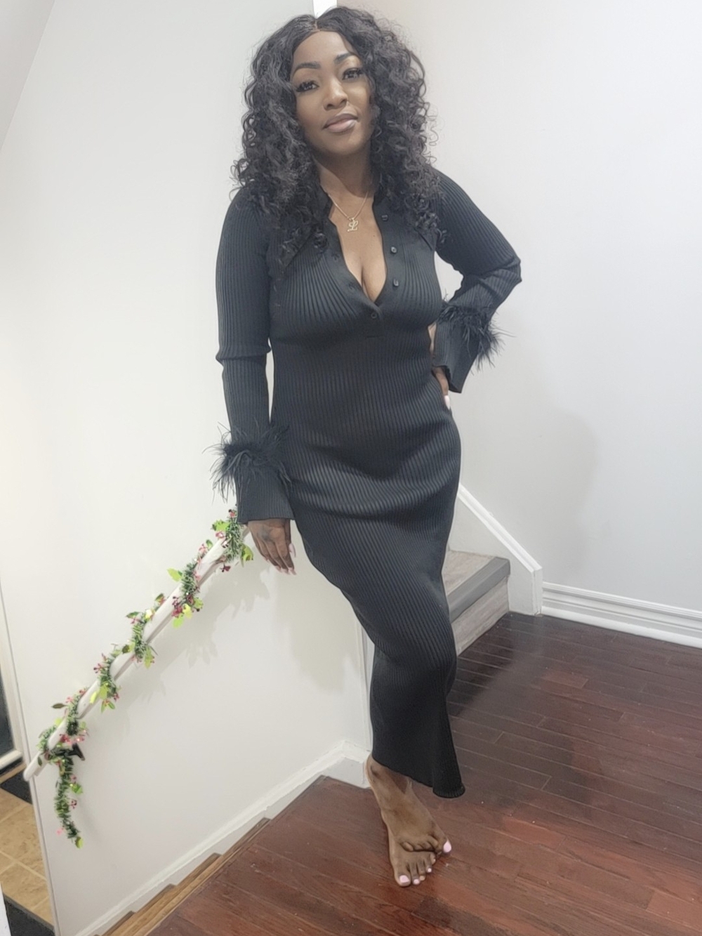 Fashion Nova Black Ribbed Maxi Dress with Feather Cuffs